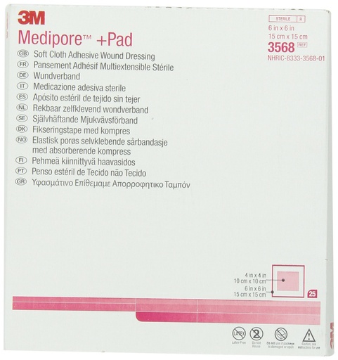 [BRSWIZA7DEHGY2T4] 3M™ Medipore™ +Pad Soft Cloth Adhesive Wound Dressing, 3568, Dressing - 6 in x 6 in, Pad - 4 in x 4 in | Model 3568. Dressing for professional healthcare use.