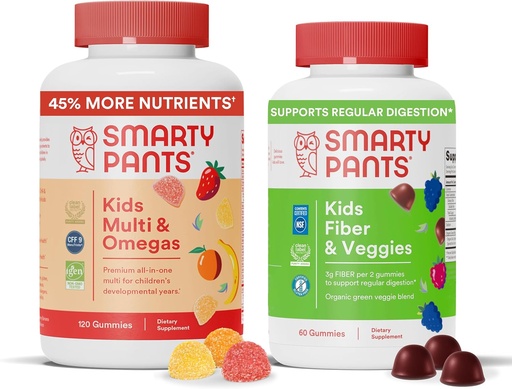 [BRSROCD6AQAQKEYV] SmartyPants Kids Multivitamin + Fiber & Veggie Bundle: Omega 3 Fish Oil, Prebiotic Fiber, Gluten-Free, Three Fruit & Mixed Berry Flavors, Multi & Omegas (120 Count) + Fiber & Veggies (60 Count)