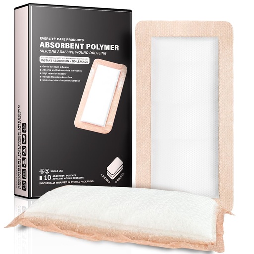 [BRSRA2YKCNYBUADX] EVERLIT Silicone Super Absorbent Dressing with Border | Sterile Self-Adhesive SAP Bandage Pad for High Absorbency & Reduced Risk of Maceration | Advanced Wound Care for Heavily Exudating Wound 4x8