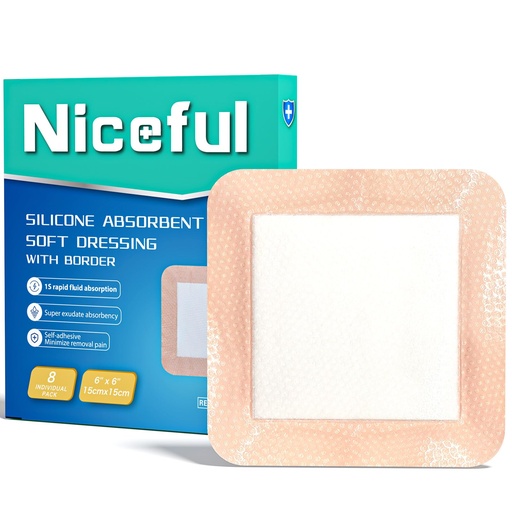 [BRSREYIKBBYRSDQ3] Niceful Super Absorbent Silicone Wound Dressing Large Bandages, 6"x6" 8Pcs | Gentle Silicone, High Absorbency, Ideal for Large Wounds (Shoulder/Hip/Knee), Pressure Ulcers & Surgical Wounds