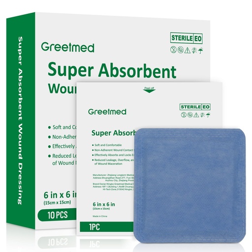 [BRSRE2T2OV4BECLA] Super Absorbent Wound Dressing Pads Size 6"x 6" 10 Individual Pack Soft Highly Absorbent Dressing Non Stick Gauze Pads for Heavily Exuding Wound Care Reduce Leakage and Skin Maceration