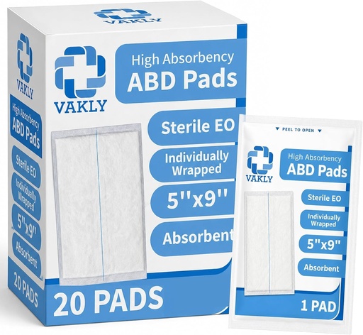 [BRSW2HATBN7BY336] Vakly Sterile Abdominal ABD Combine Pads 5x9, High Absorbency Gauze, 100 Pk | Non-adherent, wound dressing, first aid pads, surgical pads, post op care, trauma pads, individually wrapped, heavy drainage
