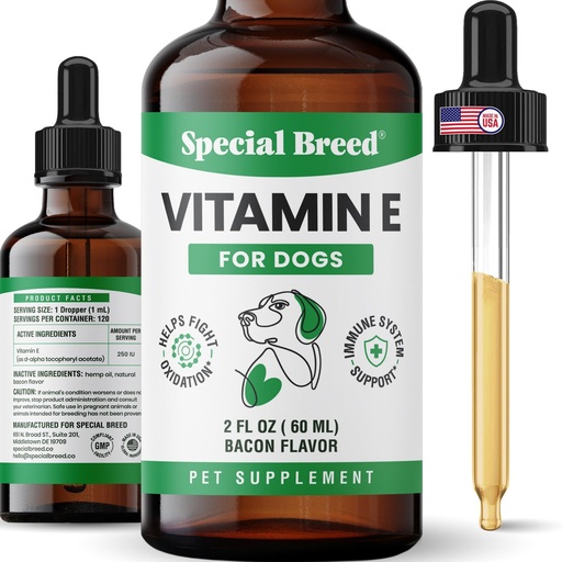 [BRSRGBD3OUJWKCLA] Vitamin E for Dogs Liquid 250 IU - Vitamin E Oil for Dogs Skin and Coat Support - Dog Immune Support Antioxidant Supplement - Bacon Flavor - 60 Servings - 2 oz