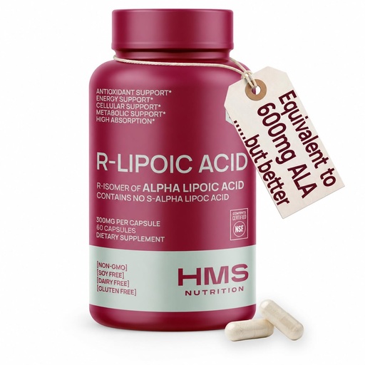 [BRSWYHT6OR7GEF3P] HMS Nutrition Stabilized R-Lipoic Acid 300mg per Serving — Pure R Alpha Lipoic Acid (R-ALA) High Potency Active R Isomer Antioxidant Nerve & Metabolism Support — NSF Certified Non-GMO Vegan 120Capsule