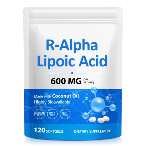 [BRSRY23RAR5GE3T4] R-Alpha Lipoic Acid Softgels 600mg per Serving 120 Softgels, Antioxidant & Cellular Energy Support, Enhanced Bioavailability Formula with Coconut Oil