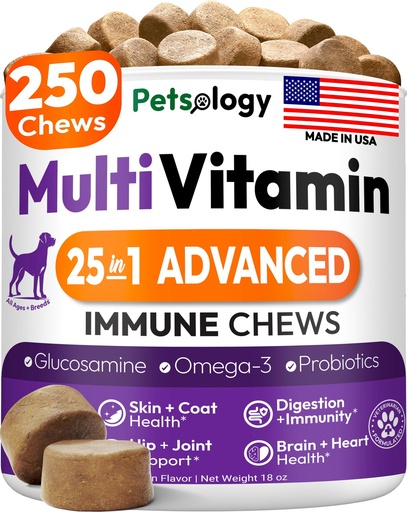 [BRSRYFQHCB5AA2Y4] 25-in-1 Dog Vitamins and Supplements - 250 Chews Dog Multivitamin Chewable | Glucosamine, Probiotics, Omega 3 for Dogs Skin & Coat, Hip & Joint, Gut, Brain & Immune Support, Senior & Puppy Multivitamin