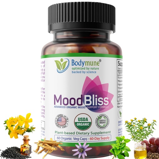 [BRSRMZDYDEDWCCTG] Bodymune Organic MoodBliss | Supports a Calm, Relaxed & Positive Mood* | with Ashwagandha, St. John's Wort & Lemon Balm | USDA Organic, USA-Made, Non-GMO, Gluten-Free - 60 cts.