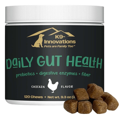 [BRSREYAOBUCB4DT7] K9-Innovations - Daily Gut Health - Chicken Dog Chews - 120 Soft Chews | Contains 2 Billion CFUs, Probiotics and Digestive Enzymes to Support Digestion, Gut Balance, Nutrient Absorption and Immunity