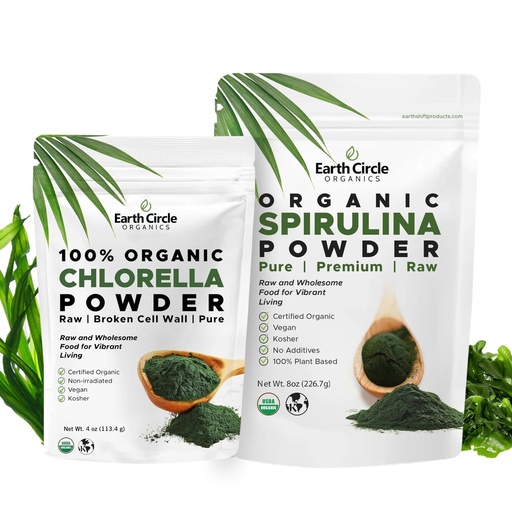 [BRSROCQ7DFYRE3AU] Earth Circle Organics - Organic Chlorella Powder (4 oz) and Spirulina Powder (8 oz) Superfood Bundle - Pure Vegan Protein, Kosher, High in Fiber & Amino Acids