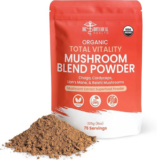 [BRSRMAYRO4HQK3L5] Organic Mushroom Powder Blend - 4-in-1 Reishi, Lion’s Mane, Cordyceps and Chaga Mushroom Supplement Extract Complex, Mushroom Blend Powder for Immune Boost & Brain Support, Add to Coffee, Tea or Water