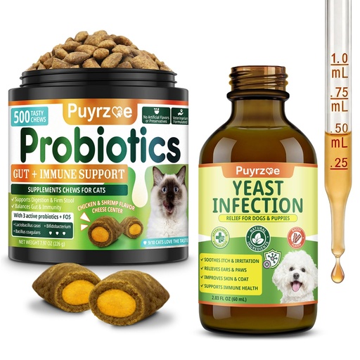 [BRSRGAL5DEIAA2DA] Puyrzoe Multi-Pet Gut & Yeast Balance Bundle – Cat Probiotic Chews with 3 Probiotics & FOS + Dog Yeast Support Oral Drops, Digestive & Immune Support for Cats & Dogs