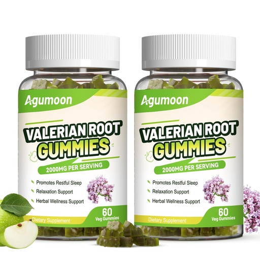 [BRSRACQZCIPGOEL2] 2 Pack Valerian Root Gummies 2000mg, Valerian Root Extract for Relaxation & Mood Support, Herbal Supplement for Kids & Adults, Vegan, Apple Flavor, 120 Count