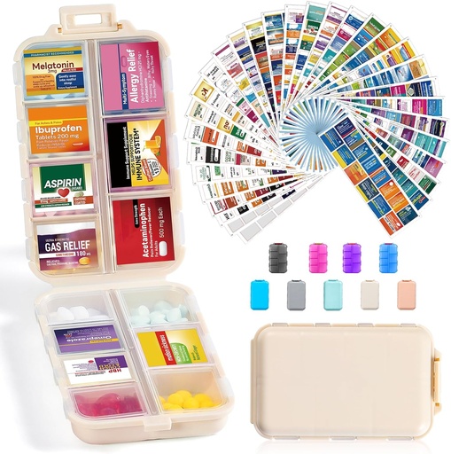 [BRSRA23YA57B6CL2] 14 Grids Travel Pill Organizer Box with 415-Pcs Medicine Name Labels - Pocket Daily Pharmacy Case Container Kit - Travel Medication Holder Dispenser for Fish Oil Vitamin Supplement Storage - Khaki