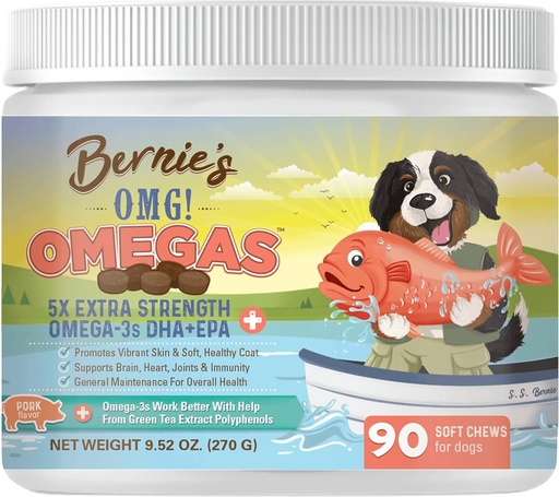 [BRSRAFL2O4OQKG34] Bernie’s OMG! Omegas Chews for Dogs - 5X Extra Strength DHA+EPA, Fish Oil, Healthy Skin & Coat, Allergy Relief, Joint Supplement (Pork Flavor)