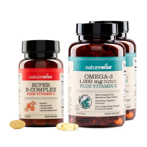 [BRSREFADBENQIE36] NatureWise [1] Super Vitamin B Complex + Vitamin C - Vegan Non-GMO - 60 Tablets[60-Day Supply] + (Pack of 2) Omega 3 Fish Oil 1000mg + Vitamin E - Wild-Caught - 60 Softgels[30-Day Supply]