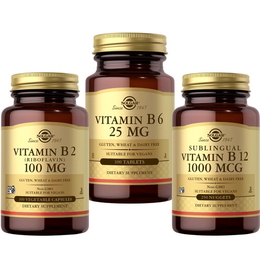 [BRSREYIYOYJR4ADV] SOLGAR Vitamin B Bundle: B6 25 mg, 100 Tablets + Sublingual B12 1000 mcg Nuggets, 250 Count + B2 (Riboflavin) 100mg, 100 Vegetable Capsules
