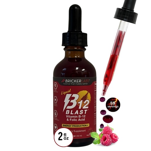 [BRSWI2T4O4BWOG3M] Bricker Labs B-12 Blast Liquid Vitamin B12 and Folic Acid Supplement, Support Energy Production, Great Tasting Liquid Vitamin B12 Dietary Supplement in Natural Raspberry Flavor, 2 fl oz Bottle