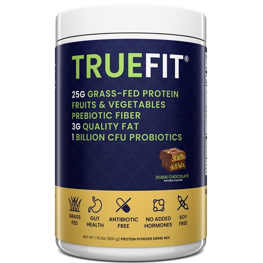 [BRSRECAZOEAW22D4] TrueFit Grass-Fed Whey Protein Powder + Fiber & Probiotics, Dubai Chocolate | 25g Gut Healthy Protein with Fiber, Probiotics & Non-GMO Superfoods for Complete Meal Replacement Shake with Nothing Fake