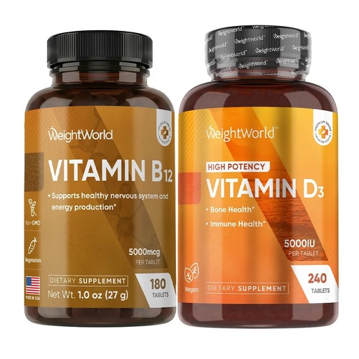 [BRSRYZD3CQNBMDYY] WeightWorld Vitamin B12 5000mcg + Vitamin D3 5000 IU Tablets | Energy, Mood, Nervous System, Bone & Immune Support | Complete Daily Wellness Duo for Active Lifestyles | 1-A-Day Formula