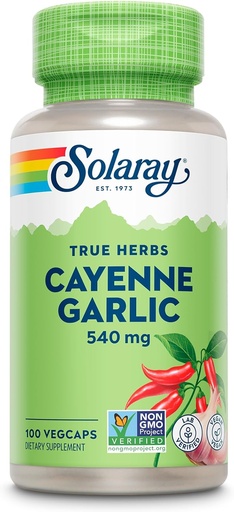 [BRSWIYT3OMAQYAI5] SOLARAY Cayenne Garlic 540 mg - Cayenne Pepper and Garlic Supplements with Capsaicin - Supplying 40,000 Heat Units - Non-GMO Project Verified, Vegan, 60-Day Guarantee - 100 Servings, 100 VegCaps