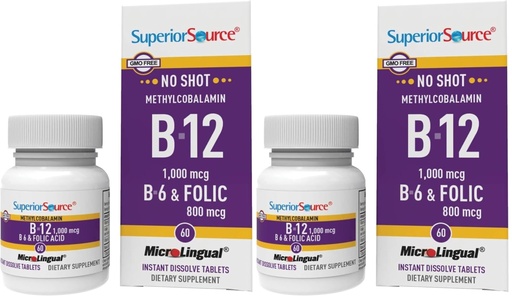 [BRSRY2QLCAAWKYDG] Superior Source No Shot Vitamin B-12 Methylcobalamin 1000 mcg, B-6 & Folic Acid 800 mcg - Supports Brain & Heart Health - Aids Natural Energy Levels - 60 Sublingual Dissolving Tablets (Pack of 2)