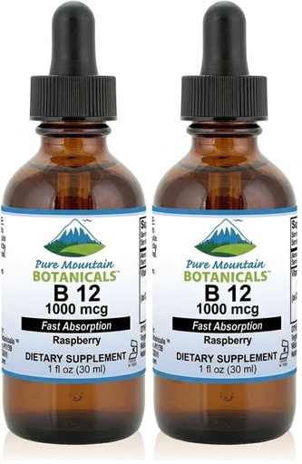 [BRSRY2TQDN5RG23X] Pure Mountain Botanicals B12 1000 mcg - B12 Complex - Natural Berry Flavor - 30 Servings - Liquid Drops Vitamin - Kosher Supplement (Pack of 2)