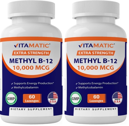 [BRSREADRBMMAAHL2] Vitamatic Methyl B12 (Methylcobalamin) 10,000 mcg – 60 Lozenges – Superior Source of Vitamin B12 for Energy & Nerve Health (Pack of 2)