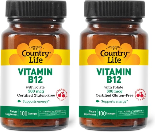 [BRSREAANOEAQACTX] Country Life Vitamin B12 with Folate, Supports Energy & Red Blood Cell Production, 500mcg, 100 Lozenges, Certified Gluten Free, Certified Vegan, Certified Halal, Non-GMO Verified (Pack of 2)
