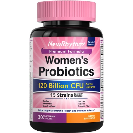 [BRSRGGQQO5YQE3DB] NewRhythm Probiotics for Women 120 Billion CFU, 22-in-1 with Prebiotics, Cranberry, D-Mannose, Grapefruit Seed, Uva Ursi & Hibiscus, pH Balance, Urinary Tract Health, Vegan, Non-GMO, 30 Caps