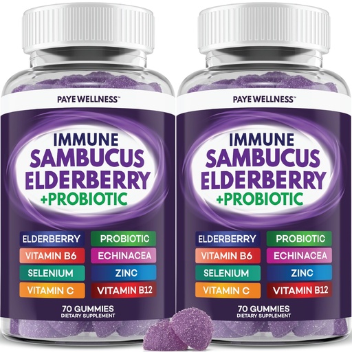 [BRSRAYAPO4IR63I2] PAYÉ Elderberry Gummies, Vitamin C Immune Support Supplement + Probiotic Gut Health - Sambucus, Echinacea, Vitamin B, Zinc, Selenium, 140 Gummies for Adults and Kids