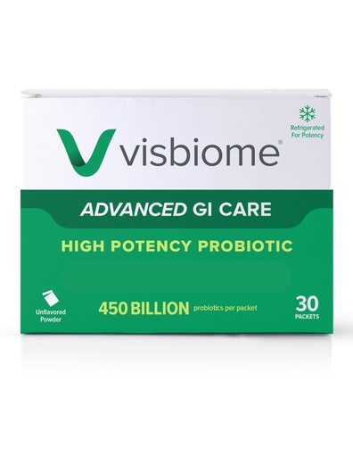 [BRSWKHQROYNBOD3B] Visbiome® Advanced GI Care - High Potency Probiotic 450 Billion Strength - 30 Packets Unflavored Powder - Original De Simone Formulation - Shipped Cold in Recyclable Cooler with Temperature Monitor.