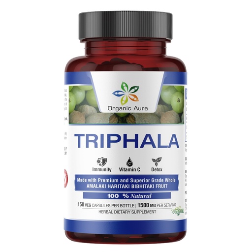 [BRSW22QZAQCQMCIU] Organic Aura Premium Triphala Capsules. 150 Veg HPMC Capsules. Natural Vitamin C, Digestion, GI Trac Wellness, Colon Cleanse and Immunity Support. 100% All Natural.