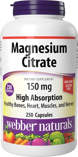 [BRSW2EAOOQFR62TK] Webber Naturals Magnesium Citrate, 150 mg Per Capsule, 250 Capsules, High Absorption, Helps Support Bones, Teeth and Proper Muscle & Heart Function, Gluten & Dairy Free