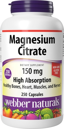 [BRSW2EAOOQFR62TK] Webber Naturals Magnesium Citrate, 150 mg Per Capsule, 250 Capsules, High Absorption, Helps Support Bones, Teeth and Proper Muscle & Heart Function, Magnesium Supplement, Gluten & Dairy Free