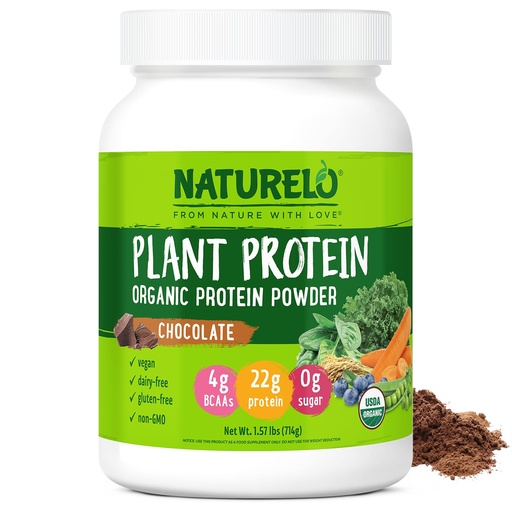[BRSW2GL3AQNGMET4] NATURELO Plant Protein Powder, Chocolate, 22g Protein - Non-GMO, Vegan, No Gluten, Dairy, or Soy - No Artificial Flavors, Synthetic Coloring, Preservatives, or Additives - 20 Servings