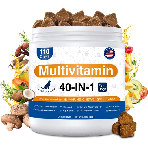[BRSRGFQQOIMBMYAZ] Dog Multivitamin, 40-in-1 Dog Vitamins and Supplements Chewable Contain Probiotics Omega-3 Glucosamine, Multivitamin for Dogs Skin Coat Heart Joint Liver Brain Eyes Immune Support (110ct)