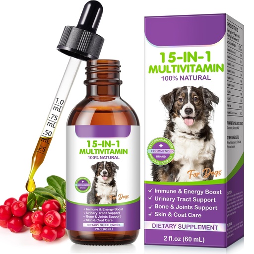 [BRSREGQZAAFW23QZ] Dog Multivitamin Drops, 15 in 1 Multivitamin Liquid for Dog with Vitamin C-20 Mg, Vitamin D-100 Iu & B1-3,Dog Health Supplements for Skin Care, Joints & Hips,Gut