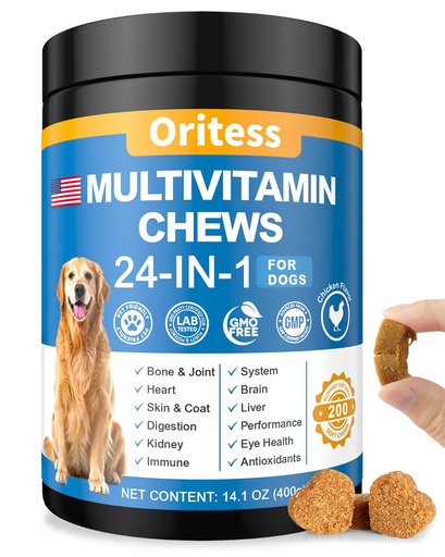 [BRSREELYCAIWA2TV] Dog Vitamins and Supplements 200 Chews 24-in-1 Multivitamin Chewable for Dogs with Glucosamine Probiotics Omega-3 Dog Chewable for Coat, Heart, HIPS & Joints, Digestion & Immune System