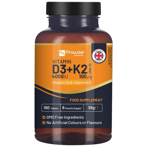 [BRSWYBLRCMMGA3LU] Vitamin D3 4000IU & K2 MK7 100µg Vegetarian Tablets I 180 (6 Months Supply) I Easy to Swallow Supplement for Immune Support, Calcium Boost, Bone & Muscle I Made in The UK by Prowise Healthcare