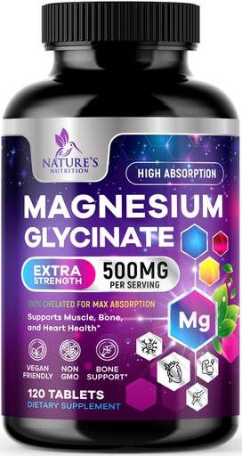 [BRSWGEIZBAHQE3TH] Magnesium Glycinate Supplement - 500mg Magnesium Per Serving - 100% Chelated & Purified - Supports Sleep, Heart Health, & Muscle Strength - Best Absorption Magnesium, Bottled in USA - 120 Tablets