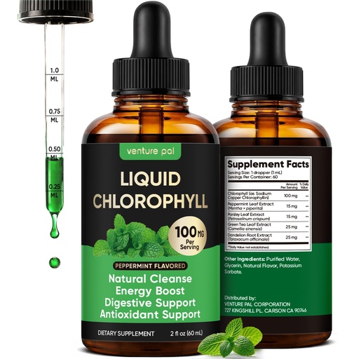 [BRSRYYYNAF5QY33P] Venture Pal Liquid Chlorophyll Drops, 100mg 5-in-1 BotaniComplex Formula with Peppermint and Parsley, 60 Servings