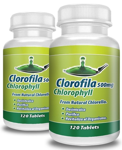 [BRSWGYYNCUCRA2T3] Clorofila en tabletas. Set de 2 frascos con 120 tabletas CADA uno. Desintoxica y purifica la Sangre, ayuda a la Digestion, combate estrenimiento, mejora el sistema Immune.100% Natural.