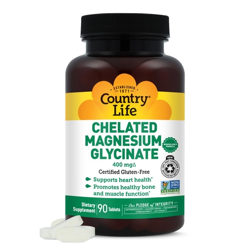[BRSWGY3RCQBWEH32] Country Life Chelated Magnesium Glycinate 400mg – High Absorption Magnesium for Calm, Muscle Relaxation, Energy & Bone Support – Certified Gluten-Free, Vegan, Kosher, Non-GMO – 90 Tablets