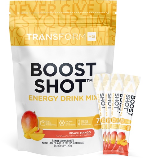 [BRSRMCAPBYPWGHTU] TransformHQ Boost Shot Powder Drink Stick Packets (Peach Mango) 7 Pack | Energy Supplements for Women & Men, with Caffeine, Vitamin B12, B9, B6 & B3