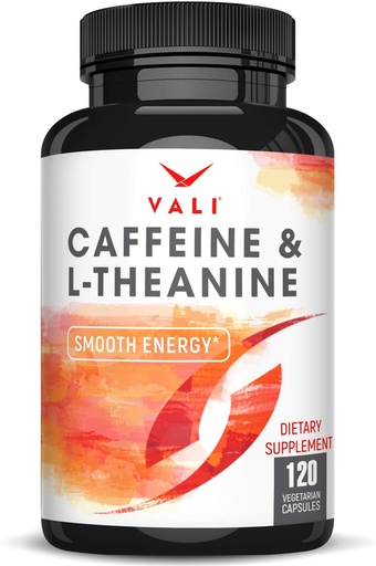 [BRSWGZQOOANA2DLZ] VALI Cafeïne 50mg & L Theanine 100mg - Cafeïne Pillen & L-Theanine voor Smart Smooth Energy & Focus Supplement. Nootrope Brain Booster Cognitive Support Stack & Focused Clarity. 120 Veggie Capsules
