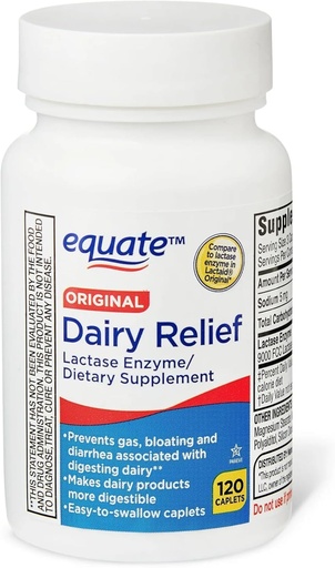 [BRSRABQDDIORGDTV] Dairy Relief Caplets, Original, Lactase Enzyme, 120 Pills by Equate (Pack of 1) + Sticker