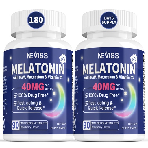 [BRSRMGQ2A4CQG23O] Melatonin 40 mg for Adults - Fast Dissolve & Chewable Sublingual Sleep Supplement - Extra Strength Melatonin with Vitamin D3 & MSM, Selenium for Health Rest Cycle, Deep Zzzs, Sugar-Free, 180 Servings