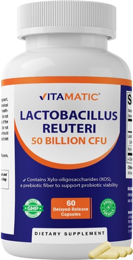 [BRSRYZQDO4MGECTX] Vitamatic Lactobacillus Reuteri 50 Billion CFU with XOS Prebiotic, Delayed-Release Probiotic Capsules, Non-GMO, Gluten Free, 60 Capsules