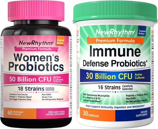 [BRSRYZAZCACGCHLV] NewRhythm Probiotics Bundle: Women's Probiotics, 50 Billion, Support Digestive Health, 60 Capsules and Probiotics for Immune Support, Akkermansia Probiotic Supplement for Women & Men, 30 Billion 30 C