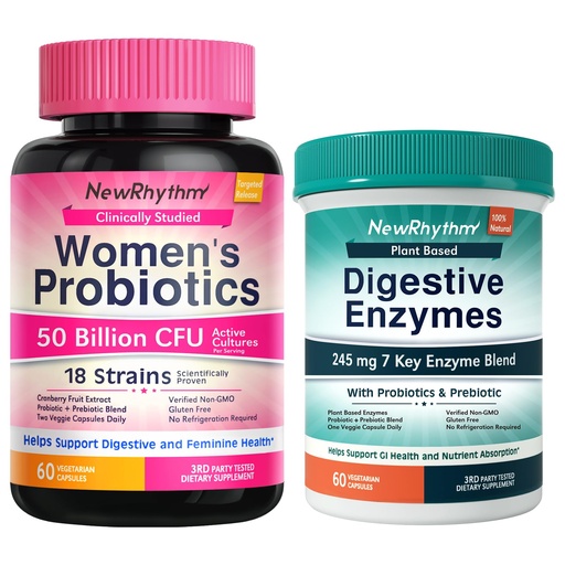 [BRSRAAYCCB6BQF3Z] NewRhythm Women's Probiotics 50 Billion + Digestive Enzymes 245 mg Bundle, Gut Harmony Boost & Feminine Wellness, 120 Capsules Total (Pack of 2)